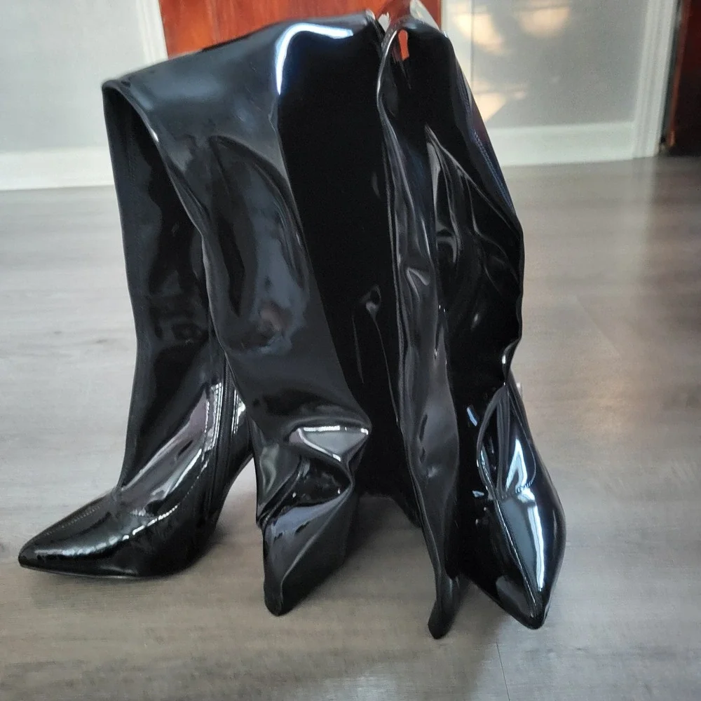Fashion Nova Black Patent Over-The-Knee Pointed Stiletto Boots